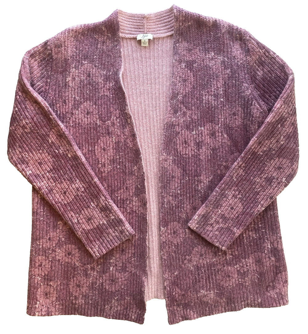 J Jill Women Purple Pink Floral Angora Open Front Long Sleeve Cardigan Sweater